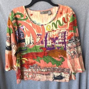 100% Cotton Jane Ashley Grandma Cottagecore Venice Italy Graphic Top Orange 1X